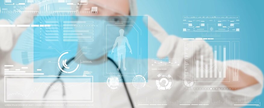 Medicine doctor touching electronic medical projection on virtual screen, with human hologram and lungs on display. Blurred doctor on background.3d Illustration Digital healthcare medical HUD and