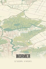 Retro Dutch city map of Wormer located in Noord-Holland. Vintage street map.