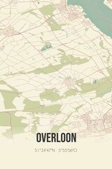 Retro Dutch city map of Overloon located in Noord-Brabant. Vintage street map.