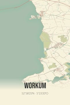 Retro Dutch city map of Workum located in Fryslan. Vintage street map.