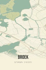 Retro Dutch city map of Broek located in Fryslan. Vintage street map.
