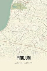 Retro Dutch city map of Pingjum located in Fryslan. Vintage street map.