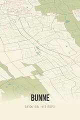 Retro Dutch city map of Bunne located in Drenthe. Vintage street map.