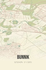 Fototapeta na wymiar Retro Dutch city map of Bunnik located in Utrecht. Vintage street map.