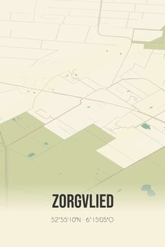 Retro Dutch city map of Zorgvlied located in Drenthe. Vintage street map.