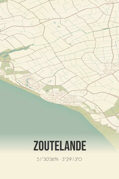 Retro Dutch city map of Zoutelande located in Zeeland. Vintage street map.