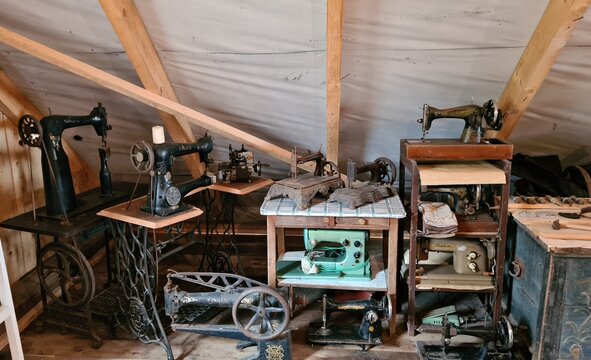 Collection of various old sewing machines in Guest House near the Latvian village of Barbele in the spring of 2022
