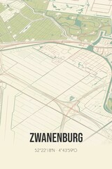 Retro Dutch city map of Zwanenburg located in Noord-Holland. Vintage street map.