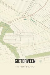 Retro Dutch city map of Gieterveen located in Drenthe. Vintage street map.