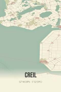 Retro Dutch city map of Creil located in Flevoland. Vintage street map.