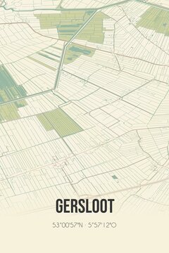 Retro Dutch city map of Gersloot located in Fryslan. Vintage street map.
