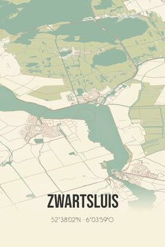 Retro Dutch city map of Zwartsluis located in Overijssel. Vintage street map.