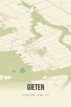 Retro Dutch city map of Gieten located in Drenthe. Vintage street map.