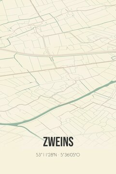 Retro Dutch city map of Zweins located in Fryslan. Vintage street map.