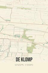 Fototapeta na wymiar Retro Dutch city map of De Klomp located in Gelderland. Vintage street map.