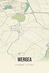 Retro Dutch city map of Wergea located in Fryslan. Vintage street map.