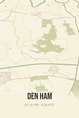 Retro Dutch city map of Den Ham located in Groningen. Vintage street map.