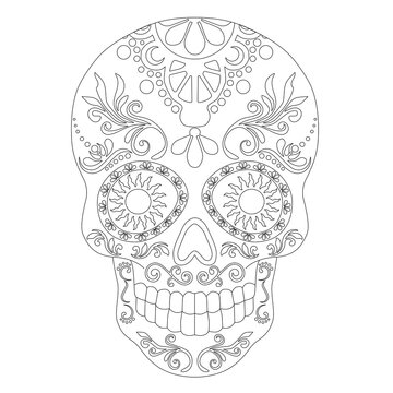 Doodle stylized black and white sugar skull, hand drawn ink monochrome, stock vector illustration