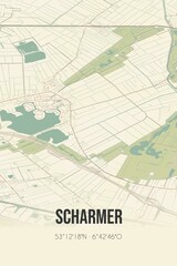 Retro Dutch city map of Scharmer located in Groningen. Vintage street map.