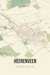 Retro Dutch city map of Heerenveen located in Fryslan. Vintage street map.