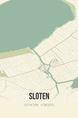 Retro Dutch city map of Sloten located in Fryslan. Vintage street map.