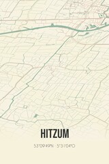Retro Dutch city map of Hitzum located in Fryslan. Vintage street map.