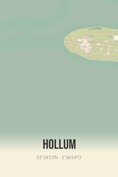 Retro Dutch city map of Hollum located in Fryslan. Vintage street map.