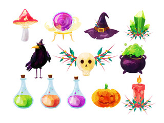 Watercolor halloween clipart including amanita, raven, magic crystal, candle, skull, vials, potions, pumpkin.