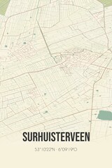 Retro Dutch city map of Surhuisterveen located in Fryslan. Vintage street map.