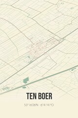 Retro Dutch city map of Ten Boer located in Groningen. Vintage street map.