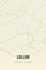 Retro Dutch city map of Lollum located in Fryslan. Vintage street map.