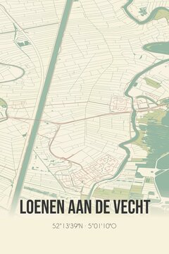 Retro Dutch city map of Loenen aan de Vecht located in Utrecht. Vintage street map.