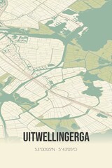 Retro Dutch city map of Uitwellingerga located in Fryslan. Vintage street map.
