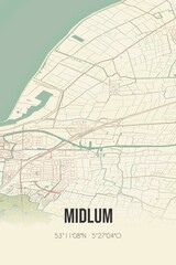 Retro Dutch city map of Midlum located in Fryslan. Vintage street map.