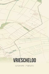 Retro Dutch city map of Vriescheloo located in Groningen. Vintage street map.