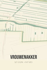 Retro Dutch city map of Vrouwenakker located in Zuid-Holland. Vintage street map.