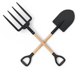 Set of garden pitchfork and shovel with wooden handle for harvesting hay
