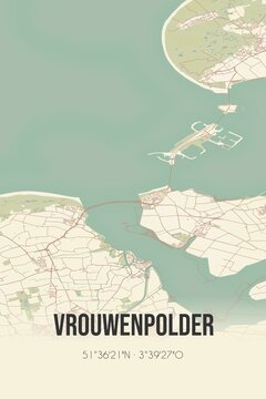 Retro Dutch city map of Vrouwenpolder located in Zeeland. Vintage street map.
