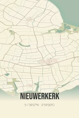 Retro Dutch city map of Nieuwerkerk located in Zeeland. Vintage street map.
