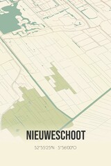 Retro Dutch city map of Nieuweschoot located in Fryslan. Vintage street map.
