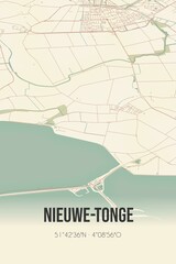 Retro Dutch city map of Nieuwe-Tonge located in Zuid-Holland. Vintage street map.