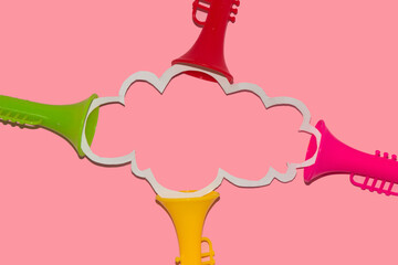 colorful trumpets from which a cloud emerges as copy space on a pink background, creative art design, minimal concept
