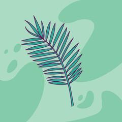 Hand drawn tropical palm leaf on spotted bright green background