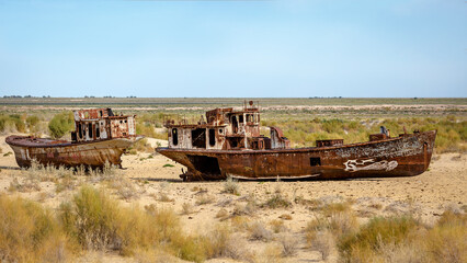 Cemetery of forgotten ships in Muynak.  Aral Sea . Uzbekistan