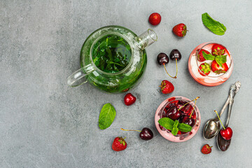 Delicious Italian dessert panna cotta with sweet cherry sauce, fresh berries and mint leaves
