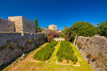 Fototapeta na wymiar Park in Rhodes town at city walls near the Liberty Gate, Rhodes island, Greece, Europe.