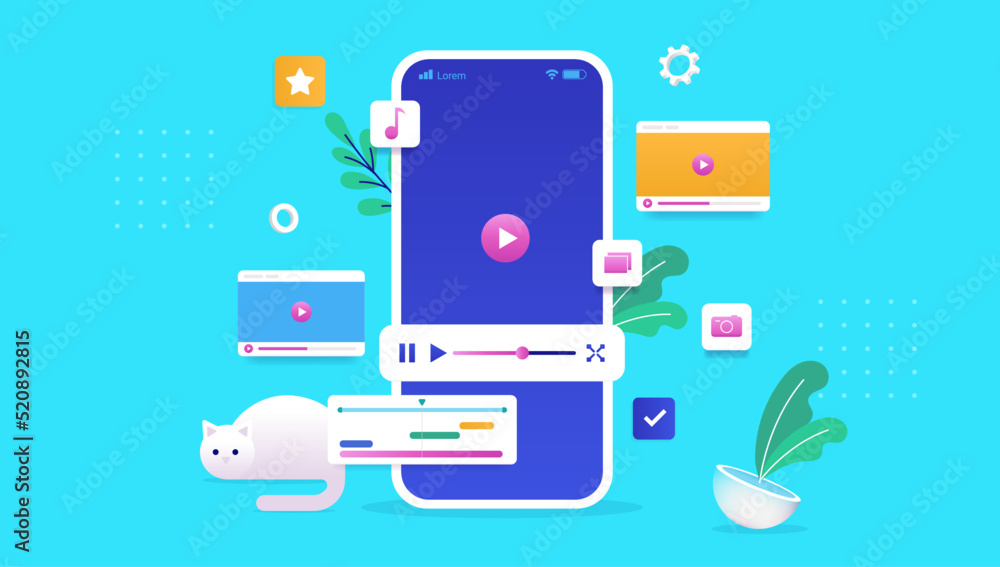 Leinwandbilder Phone with video editing app - Application for working with videos on smartphone device. Vector illustration with blue background