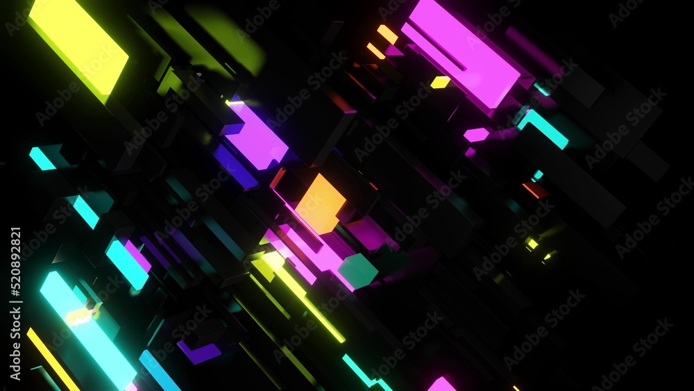 Poster 3d render. abstract dark background neon cubes light bulbs. visualisation of working ai bigdata or b