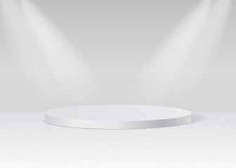 Podium platform for product presentation. White realistic 3d vector podium with spotlight on white background. Stand to show cosmetic products.