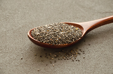 chia seeds on a wooden spoon, the concept of Healthy Nutrition